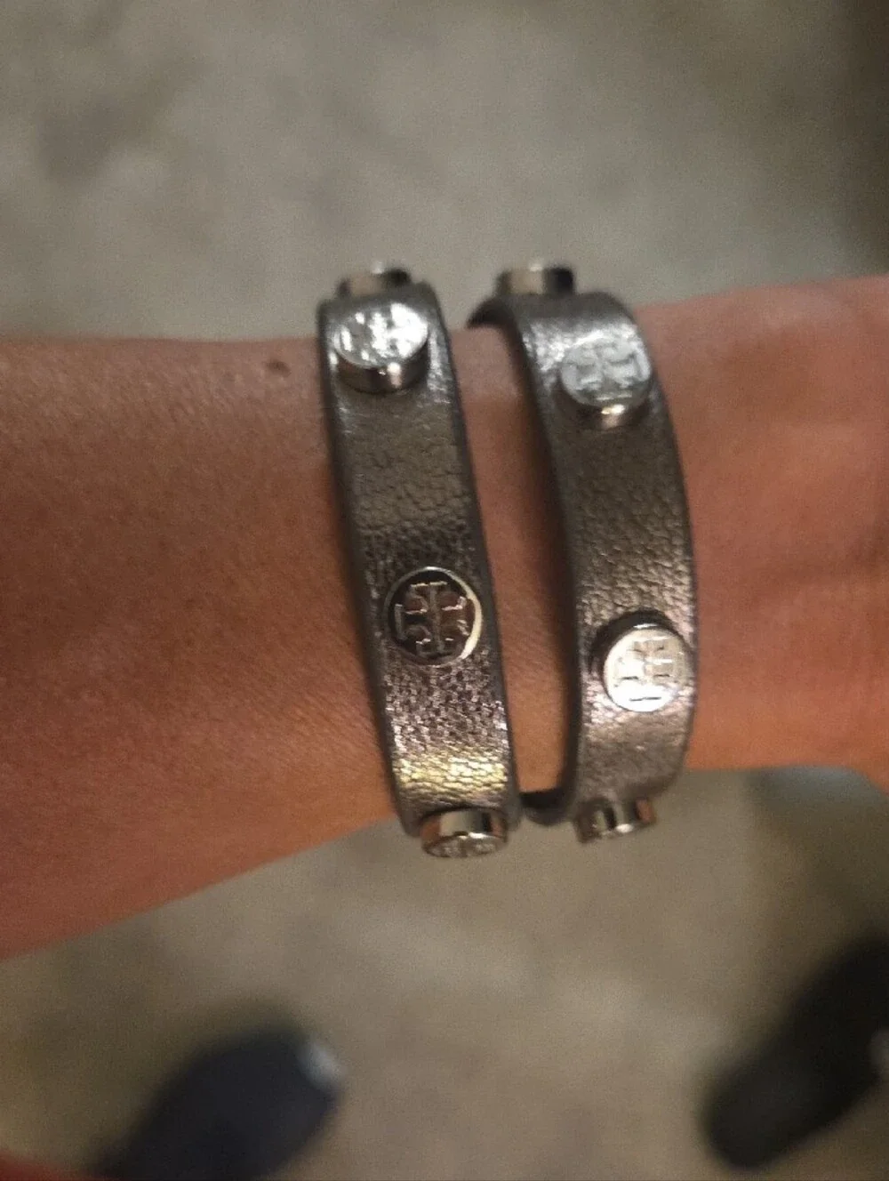 Tory Burch Metallic Gunmetal Double-Wrap Logo Stud Bracelet